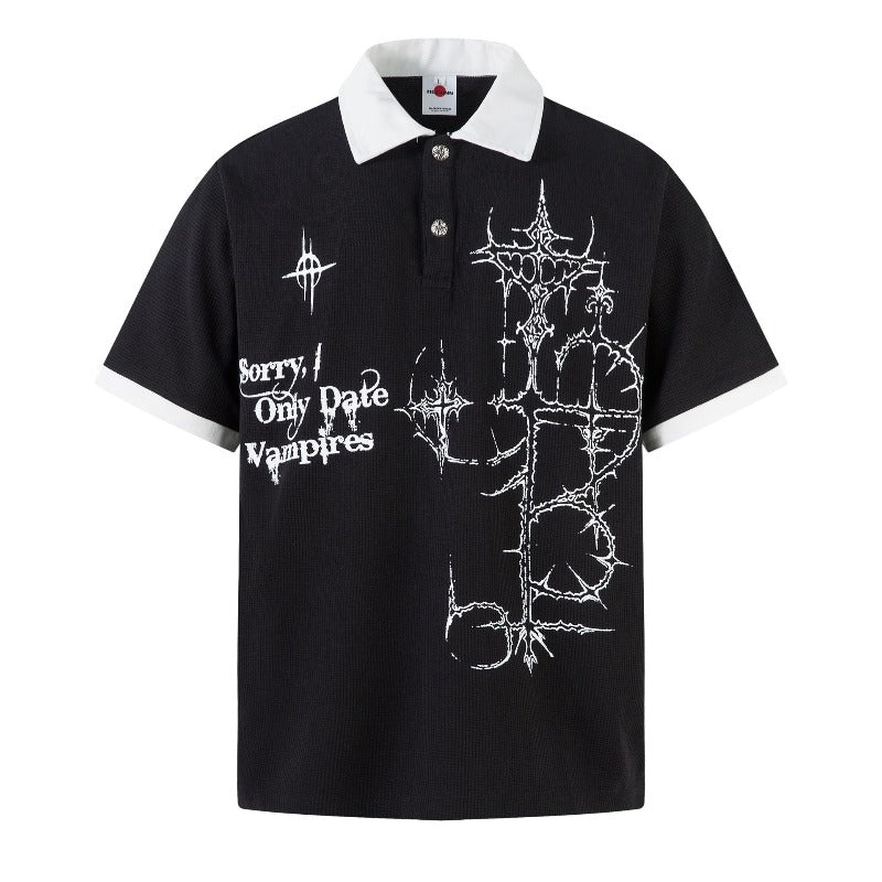Men's t-shirts: american unisex style, summer streetwear, retro painting print design, waffle knit, men's polo collar short sleeve t-shirt