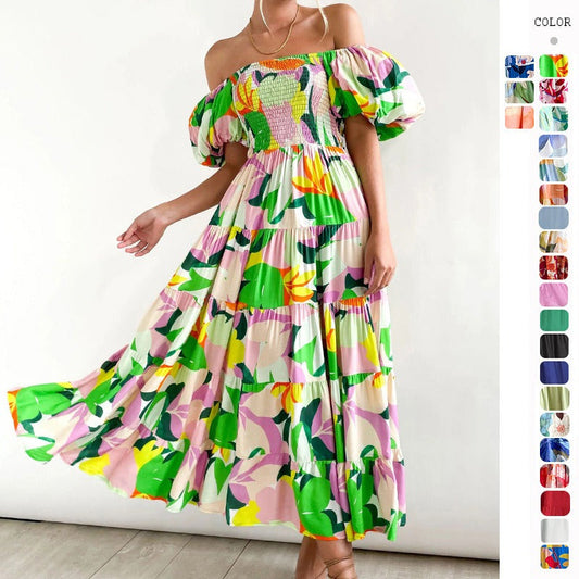 Women's summer dress: european and american style, puff sleeve, slimming maxi dress, hot girl high-waisted off-the-shoulder printed dress