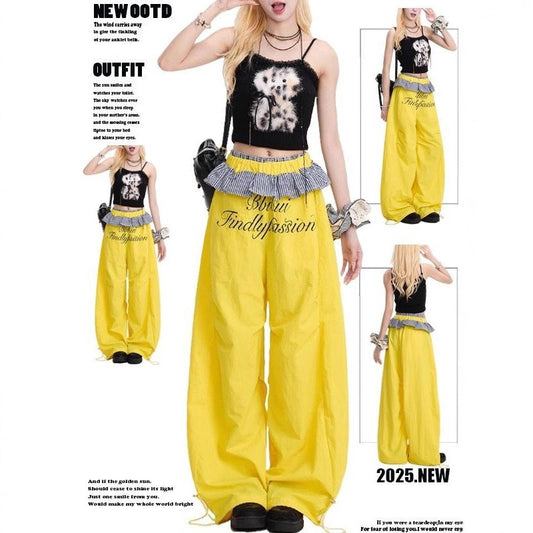 Women casual pants women's plaid lace double waist stitching