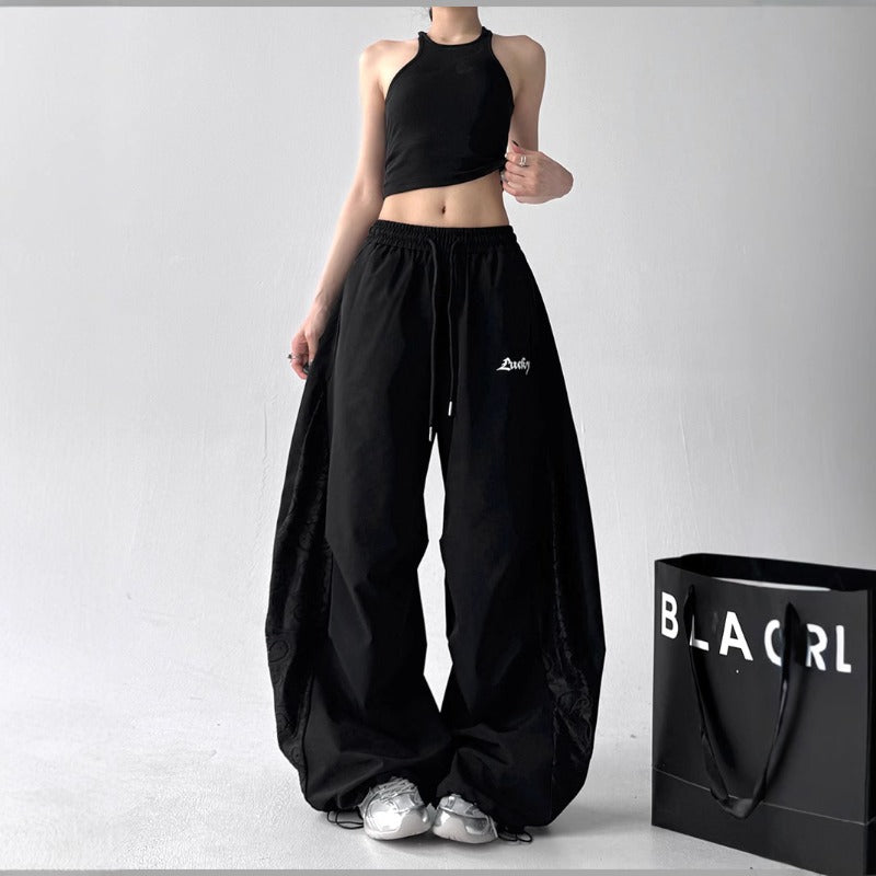 Women casual pants women's summer thin retro lace stitching loose wide-leg pants