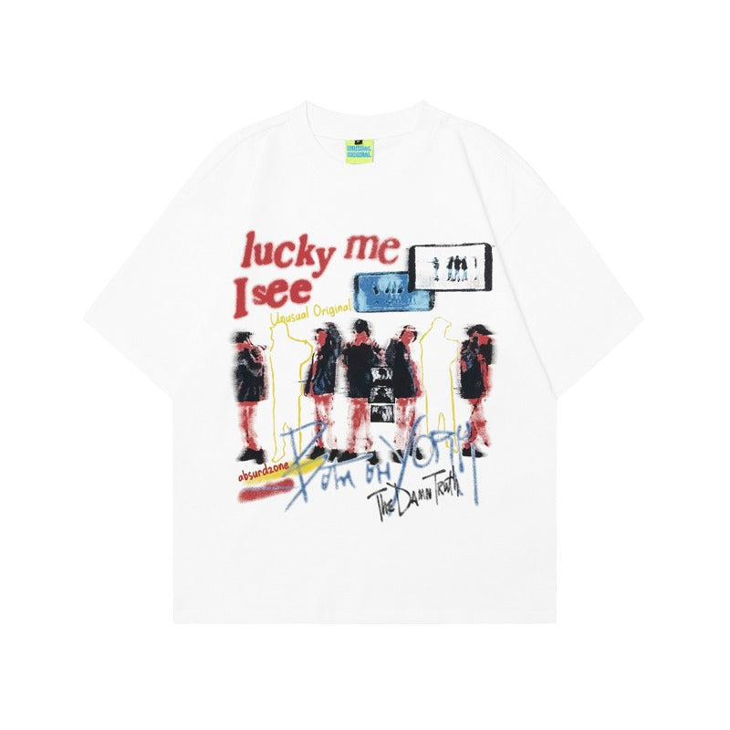 Men's t-shirts - american streetwear style, summer retro couple's magazine element silhouette design, men's loose fit short sleeve t-shirt