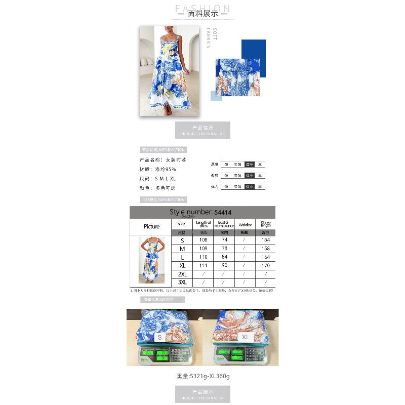 Women's dress - ready-to-ship summer collection: european & american style, cross-border, vacation-inspired maxi dress with placement print and spaghetti straps