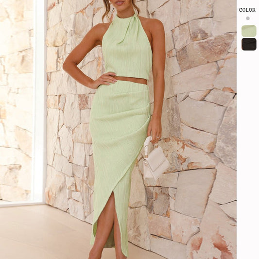 Women's dress: summer european and american sexy style solid color halter top bodycon skirt slim fit long dress fashion women's set