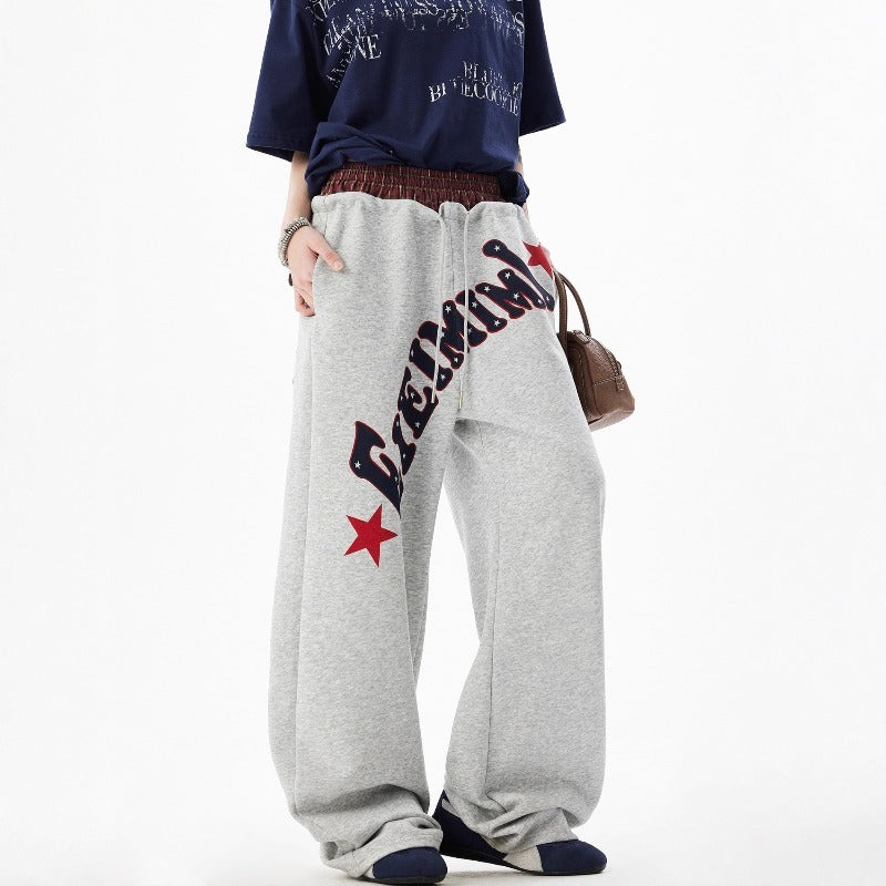 Women's casual pants - vintage style, double waistband, letter print, relaxed fit