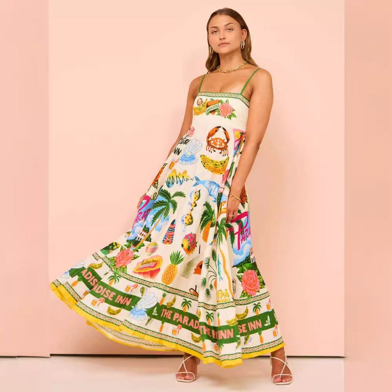 Women's summer dress: sexy spaghetti strap, high-waisted, flared maxi dress with elegant print - perfect for us & european marketplaces