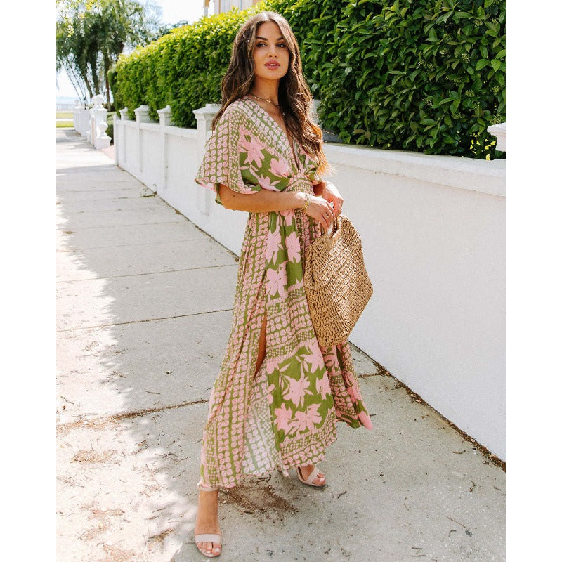 Women's dress - amazon cross-border summer european and american style sexy high-waisted fashion printed slit dress