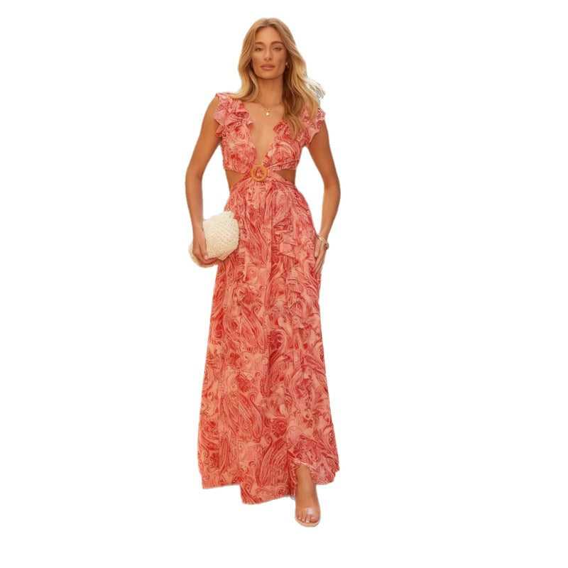 Women's dress: european and american style, cross-border amazon spring collection, elegant printed deep v-neck sexy cutout midi dress