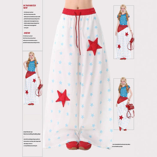 Women casual pants retro wide leg women summer elastic waist