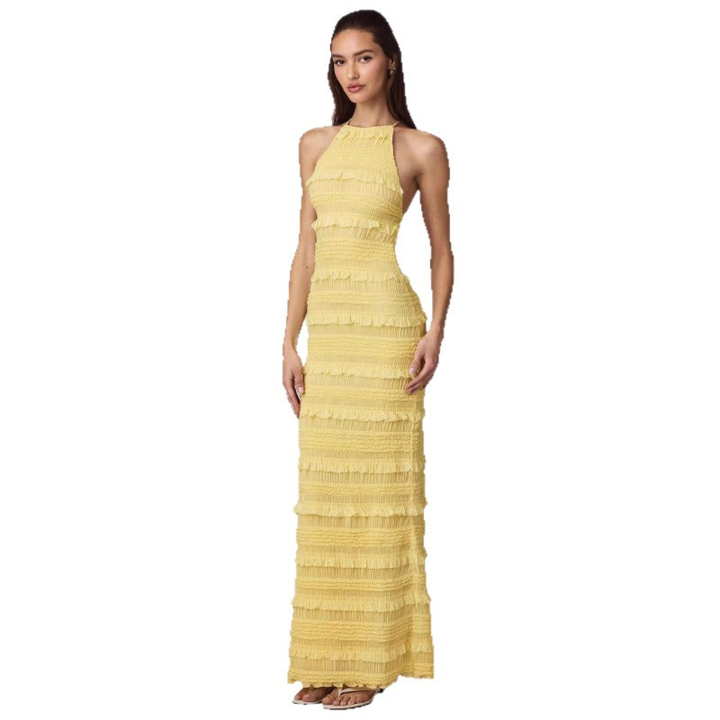 Women's dress - cross-border summer fashion: european & american style, amazon hot seller, sexy ruffle trim, backless halter neck, tie-up maxi dress
