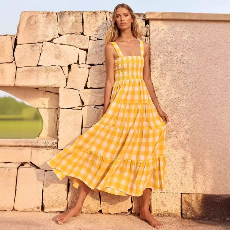 Women's dress - cross-border spring/summer european & american style - elegant sexy spaghetti strap backless striped dress - french skirt