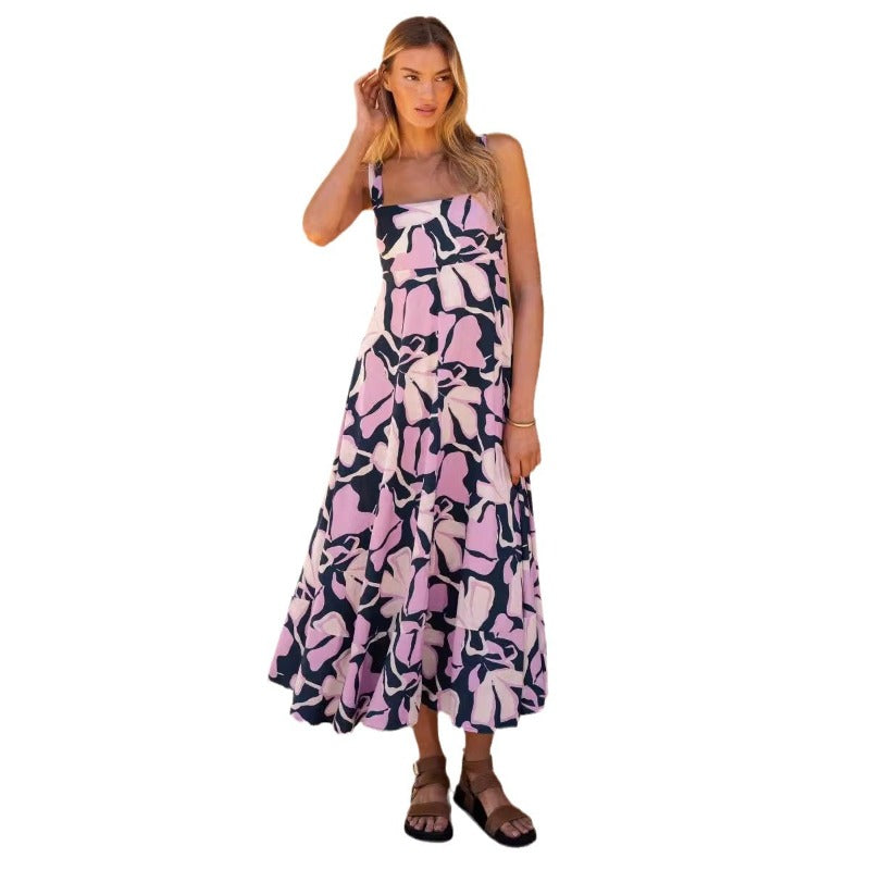 Women's dress - independent website, cross-border e-commerce, european & american style, sexy summer vacation print, fitted flare sleeve cami dress for women