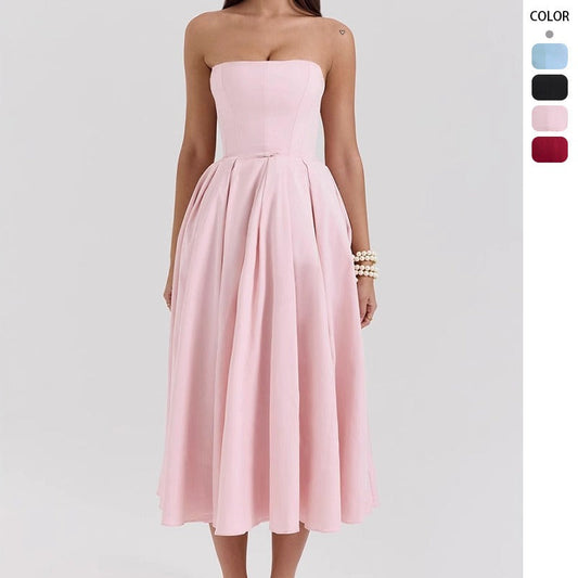 Women's dress: sexy summer outfit - high-end fishbone bandeau dress, pure & sultry style, hot girl slim fit, backless midi dress