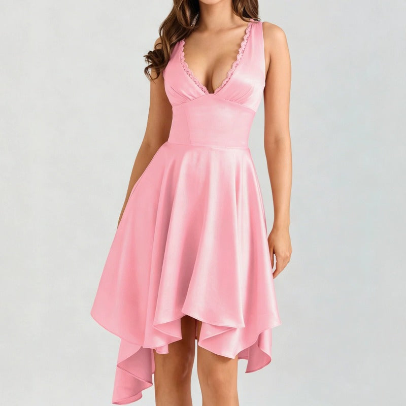 Women's dress: european and american cross-border fashion, lace, sexy backless v-neck midi dress, waist-cinching, slim-fit, elegant dress