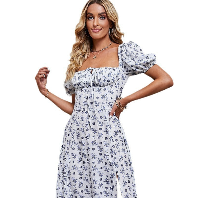 Women's dress - in-house photography - spring/summer european & american fashion - women's bubble sleeve tie-up bandeau slit floral mini dress - short sleeve