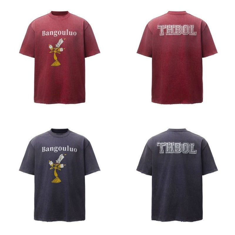 American retro heavyweight double yarn washed distressed cartoon design men's high street oversized short sleeve t-shirt