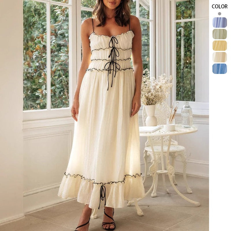 Women's a-line dress - spring/summer collection for cross-border e-commerce: european & american style, casual vacation look with lace trim, high-waisted spaghetti strap dress