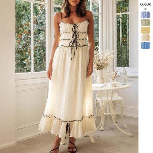 Women's a-line dress - spring/summer collection for cross-border e-commerce: european & american style, casual vacation look with lace trim, high-waisted spaghetti strap dress