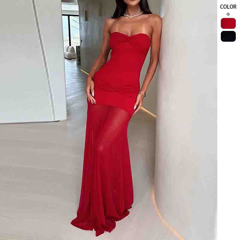 Women's summer dress - european & american style - amazon wish - cocktail party & banquet - sexy & alluring - off-the-shoulder bandeau - sheer mesh maxi dress