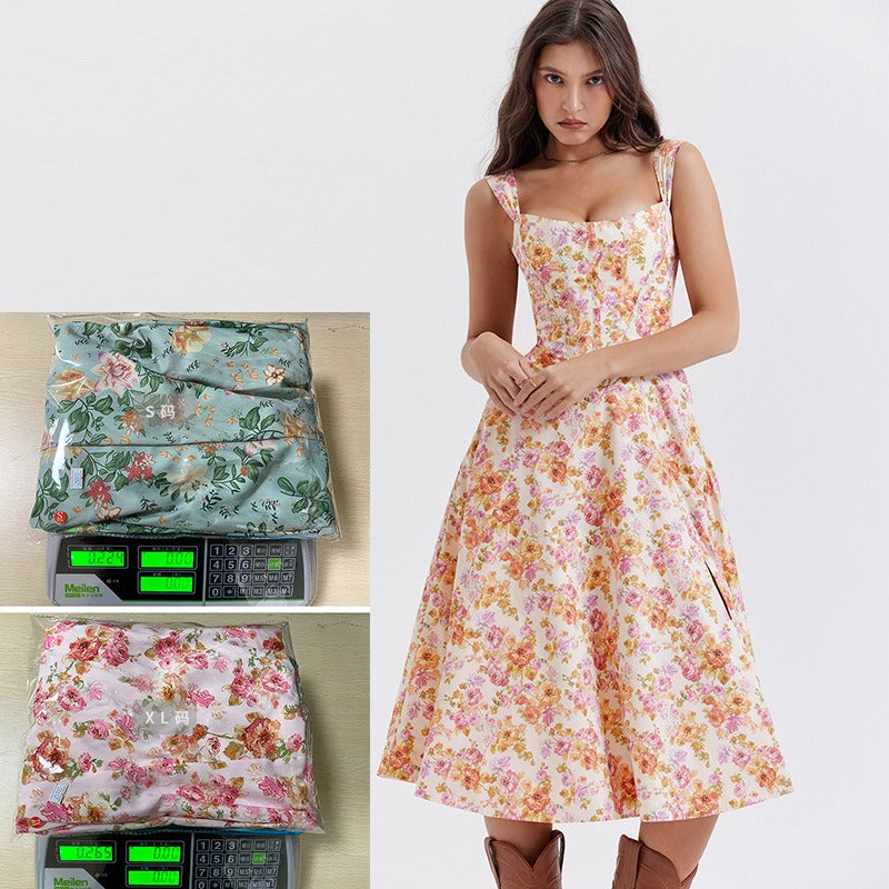 Women's dress - cross-border e-commerce, independent website, foreign trade, spring/summer, european and american style, slimming, spaghetti strap, sexy slit, floral print dress