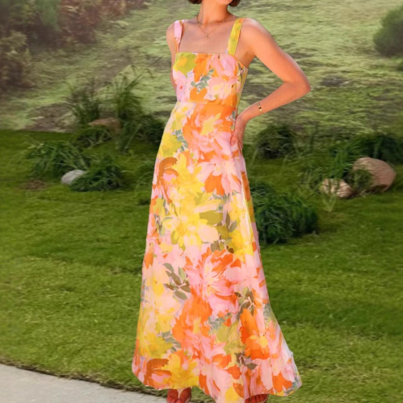 Women's dress - ready stock for export, summer collection, european & american style, cross-border vacation look, spaghetti strap maxi dress with floral print and flared hem