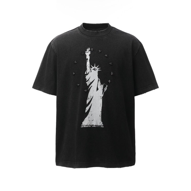 Men's t-shirts: american retro heavyweight double yarn distressed metal embellished design, men's high street oversized short sleeve tee