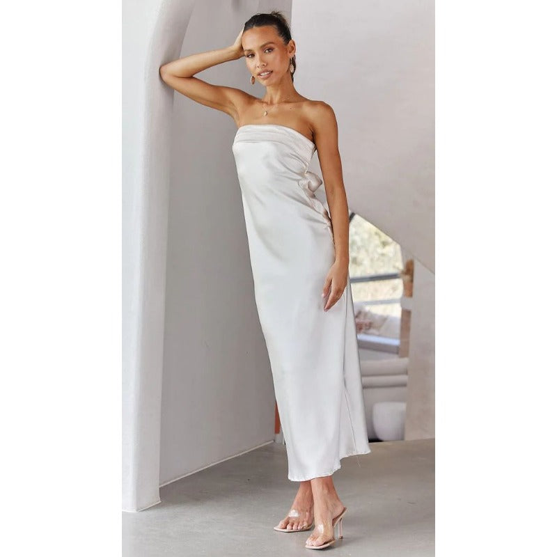 Women's dress - cross-border fashion, european & american amazon style, spring/summer elegant socialite satin backless bandeau dress with print