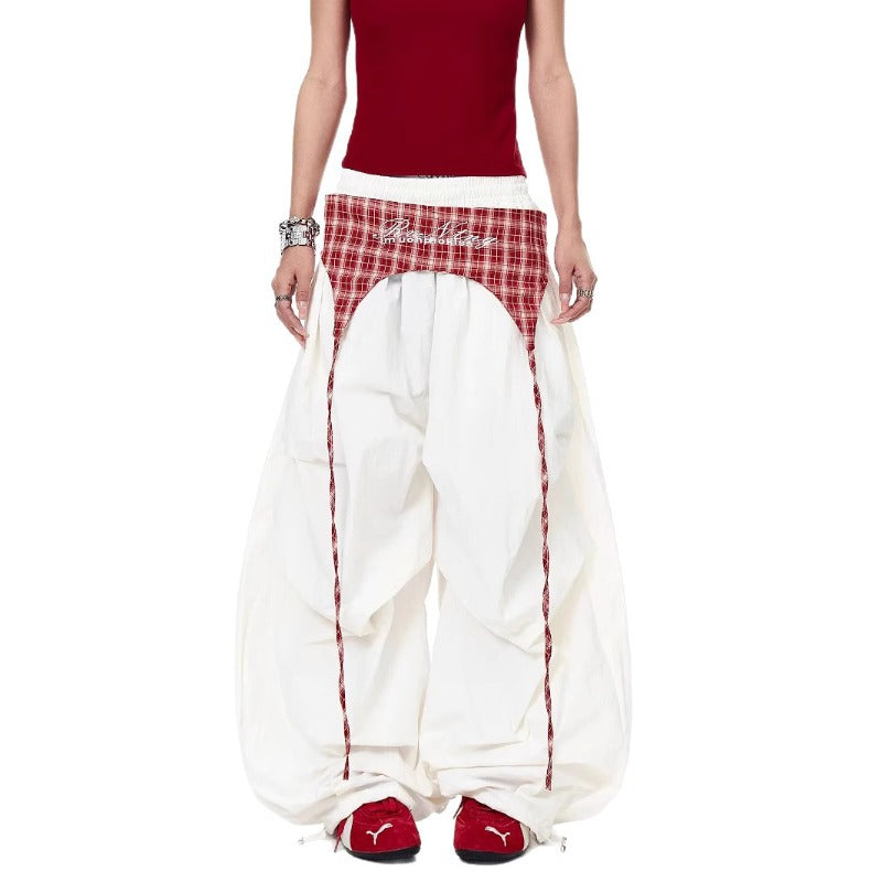 Women casual pants retro plaid fart curtain elastic waist women wide legs