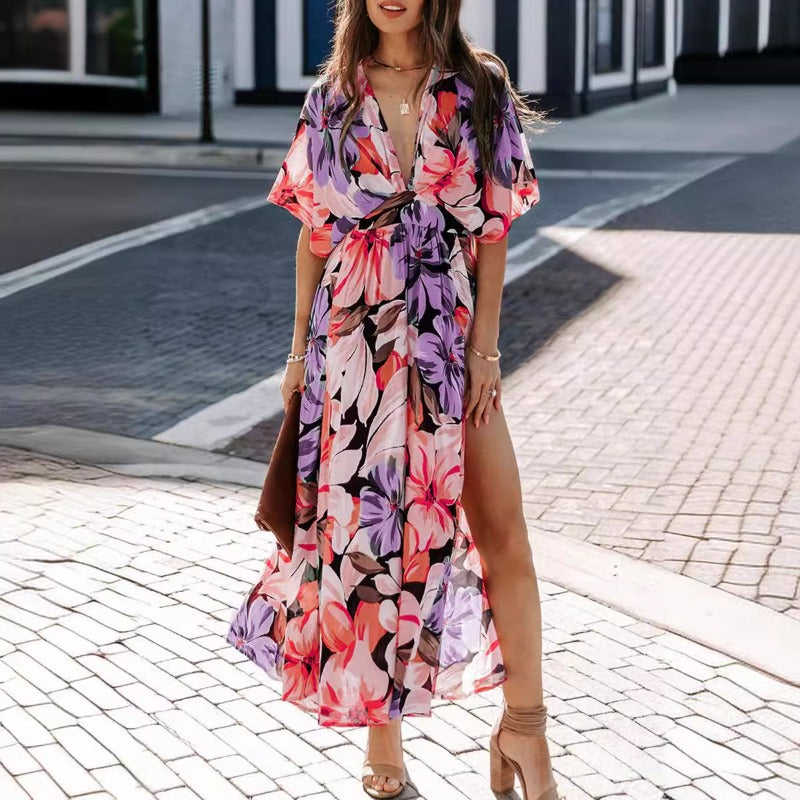 Women's dress - amazon cross-border summer european and american style sexy high-waisted fashion printed slit dress