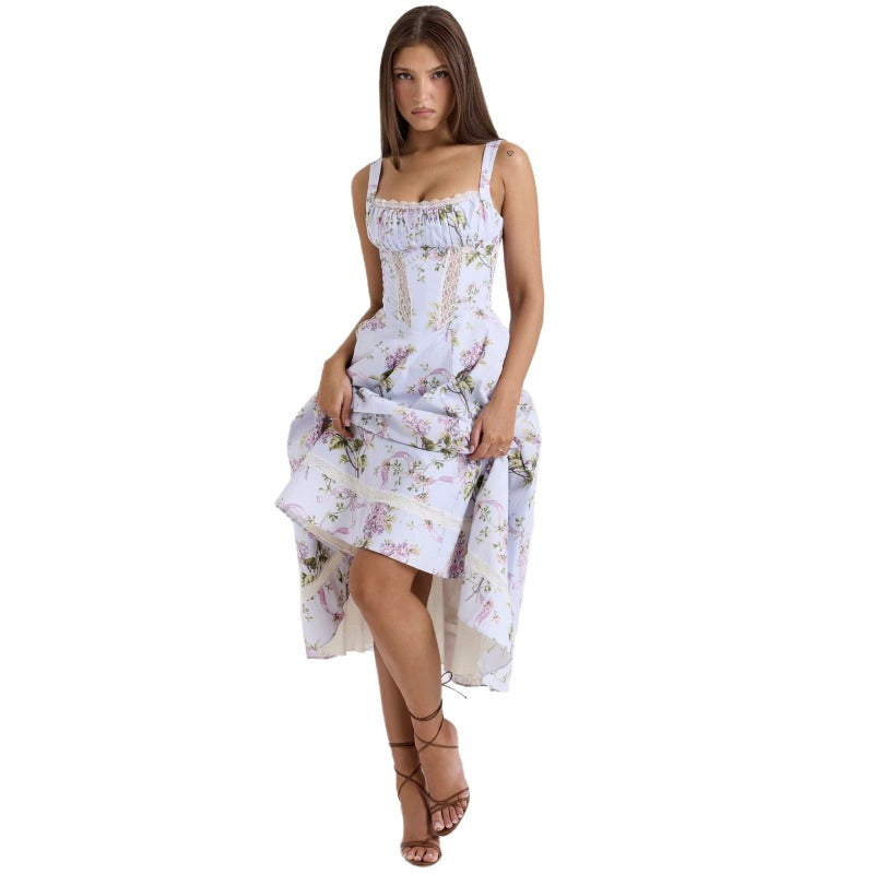 Women's dress: amazon cross-border fashion, european & american style, elegant, gentle, slimming, floral print, spaghetti strap, fairy-like dress for women