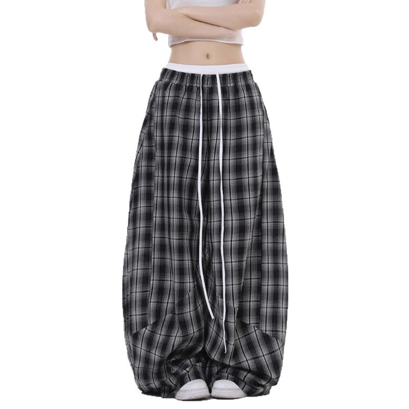 Women casual pants black and white grids high waist