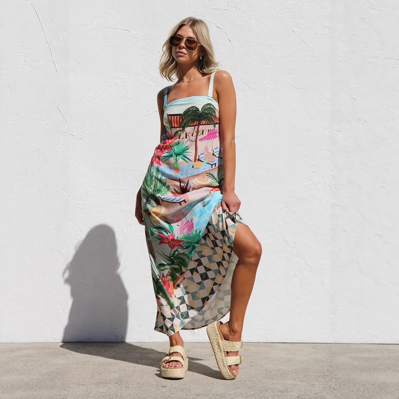 Women's dress - european & american cross-border e-commerce, aliexpress, independent website - sexy spaghetti strap, graffiti linen print, maxi swing dress for women
