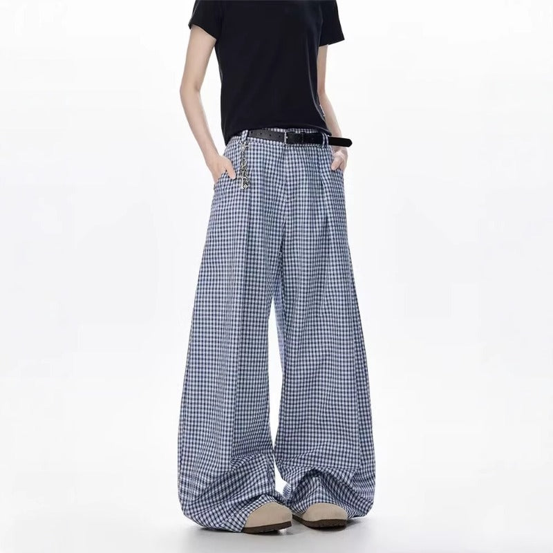 Women casual pants blue plaid summerhigh waist