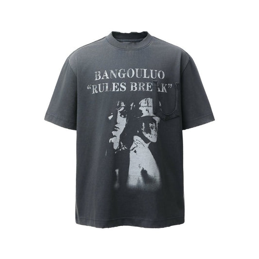 Men's t-shirts: american retro heavyweight double yarn washed & distressed graphic design, high street oversized short sleeve tee
