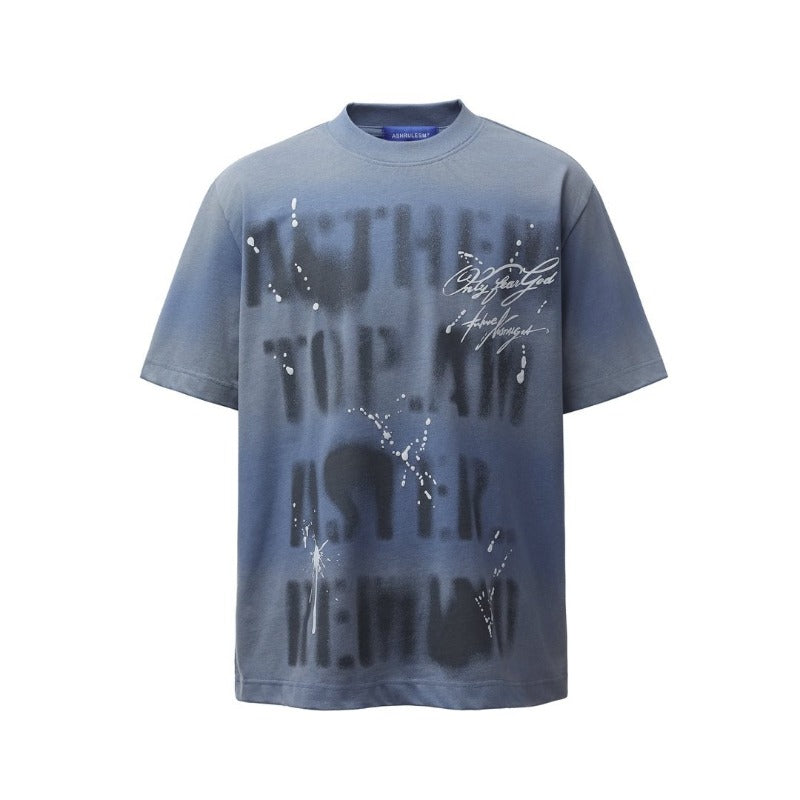 Men's t-shirts: american retro heavyweight double yarn high-quality spray-painted letter print design, men's loose fit short sleeve t-shirt