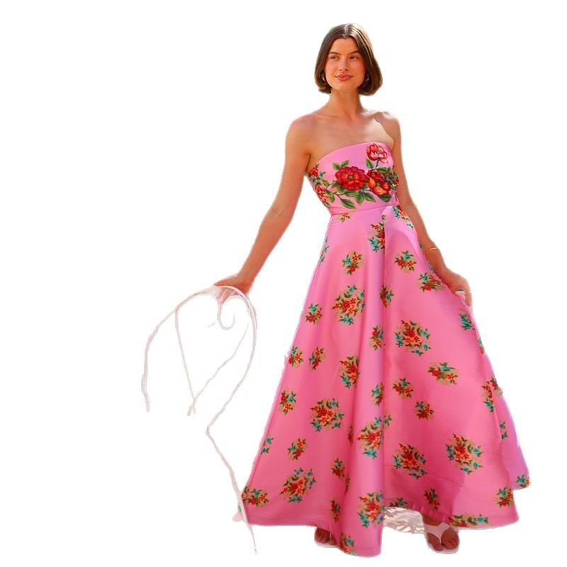 Women's dress: european and american cross-border independent station design, patchwork satin sexy bandeau print high-waisted dress, evening gown
