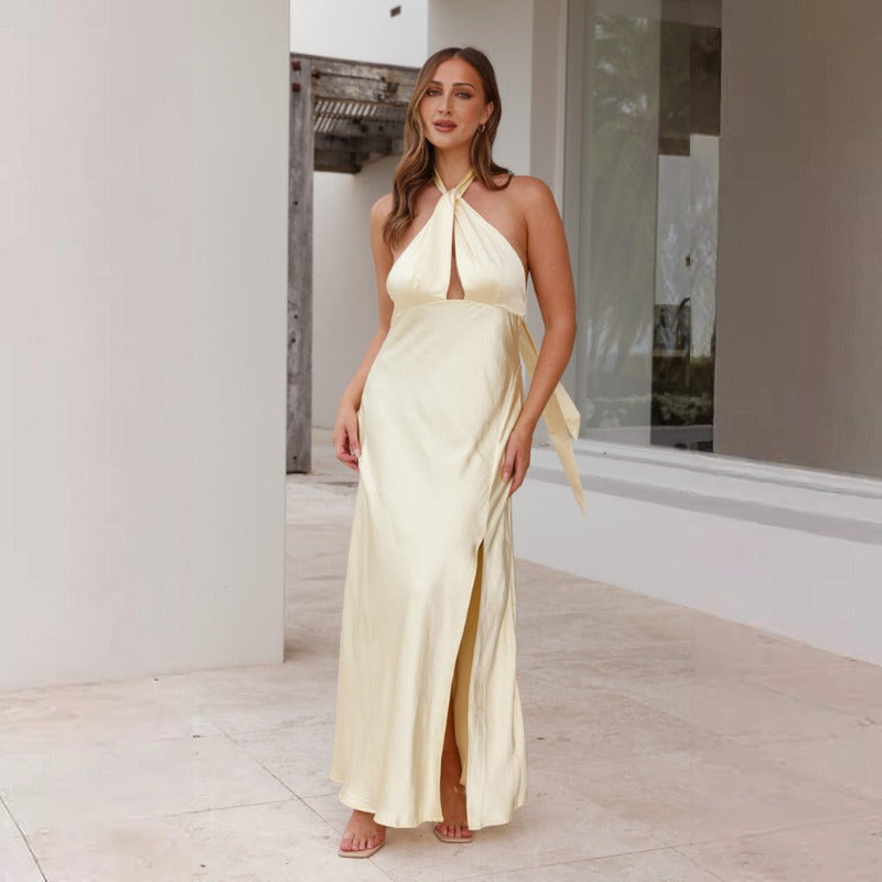 Women's dress - cross-border fashion: spring/summer european & american style - sexy, cinched waist, halter neck, slit, long satin sleeveless dress for women