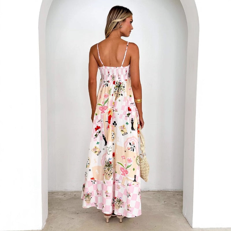 Women's dress: european and american style, cross-border summer fashion, printed backless cami, sexy high-waisted swing dress