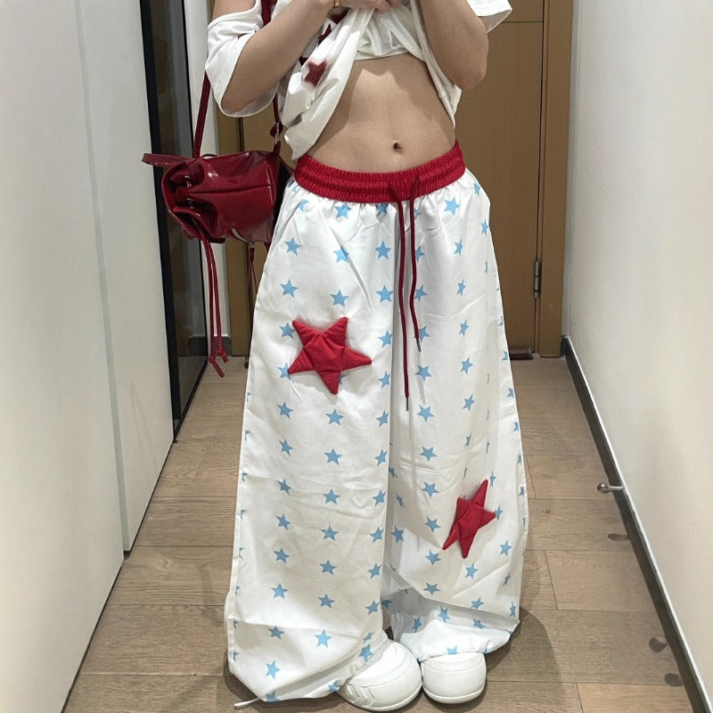 Womens casual pants women's summer loose retro star print elastic trousers