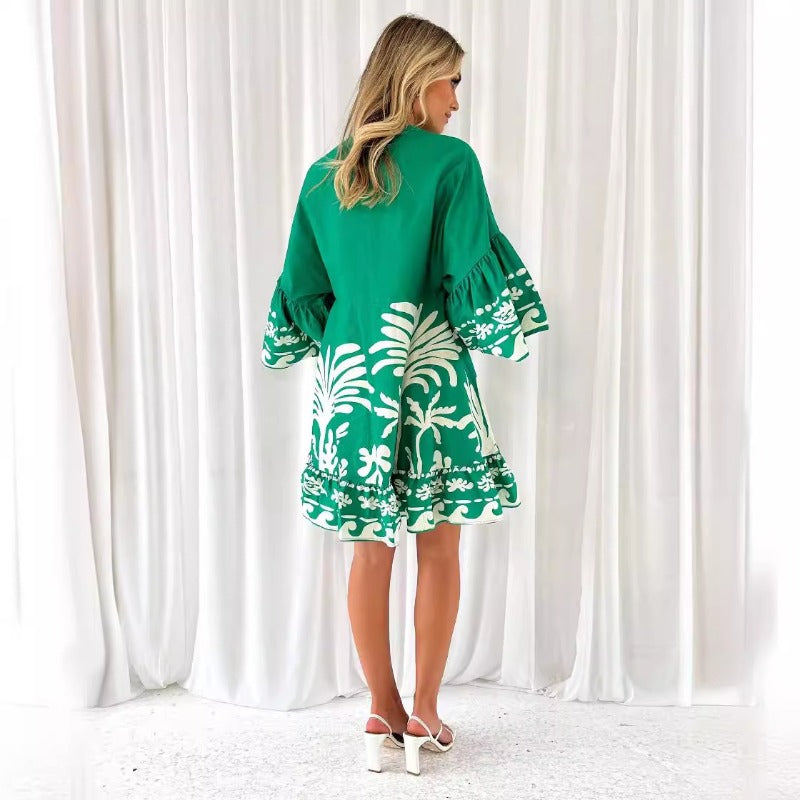 Women's dress - amazon independent site - summer european and american v-neck printed flared sleeve loose short dress