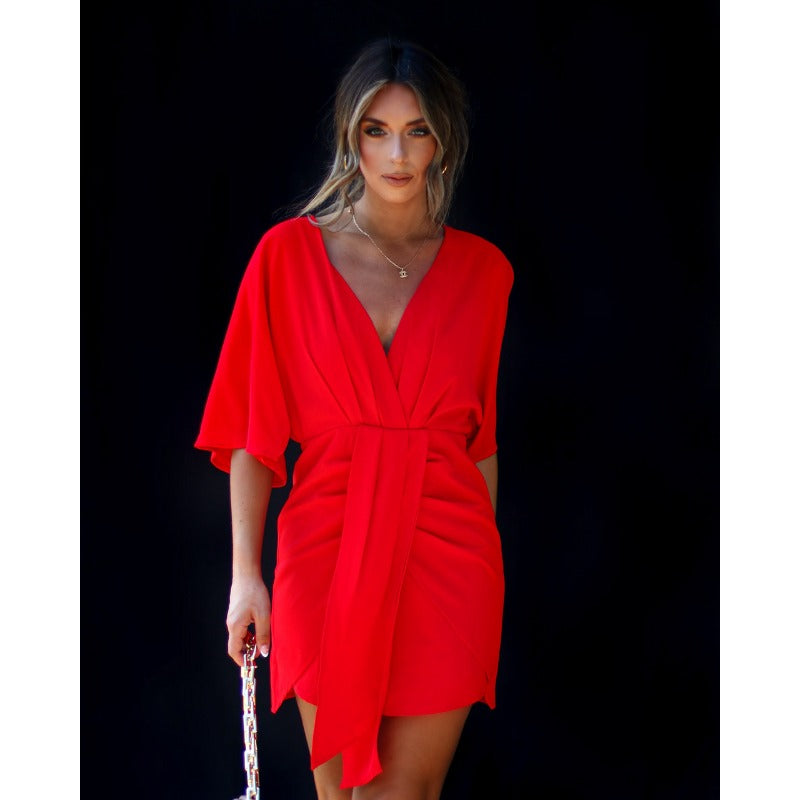 Women's dress - european & american cross-border amazon style - summer solid color elegant asymmetrical slim-fit dress