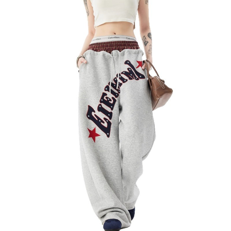 Women's casual pants - vintage style, double waistband, letter print, relaxed fit