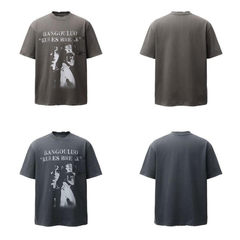 Men's t-shirts: american retro heavyweight double yarn washed & distressed graphic design, high street oversized short sleeve tee