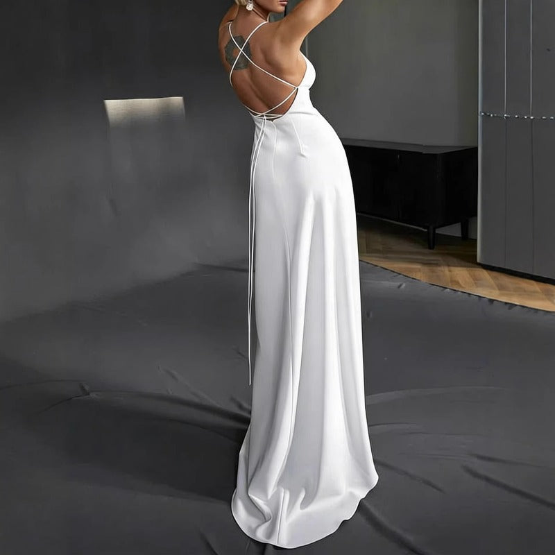 Women's dress: european and american summer style, elegant and fashionable solid color shoulder strap long criss-cross tie-up dress