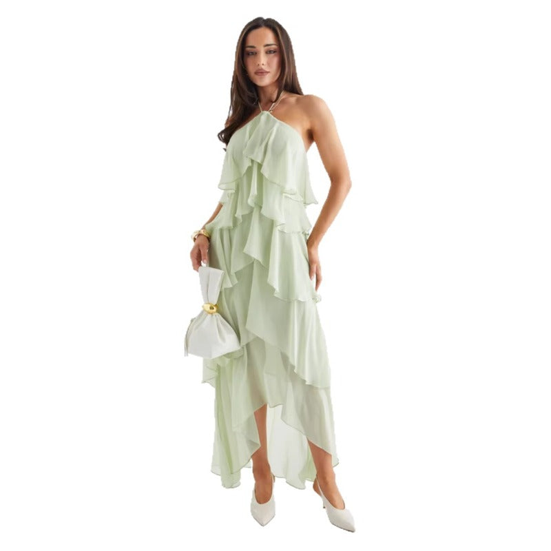 Women's dress - in stock - european & american style - cross-border e-commerce - summer & vacation - elegant & chic - halter neck - 3d cake ruffle - spaghetti strap dress - women's