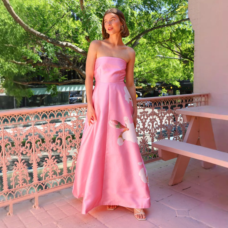 Women's dress: european and american cross-border independent station design, patchwork satin sexy bandeau print high-waisted dress, evening gown