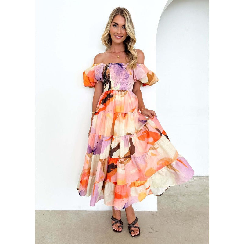 Women's summer dress: european and american style, puff sleeve, slimming maxi dress, hot girl high-waisted off-the-shoulder printed dress