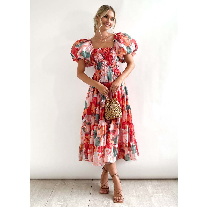Women's summer dress: european and american style, puff sleeve, slimming maxi dress, hot girl high-waisted off-the-shoulder printed dress
