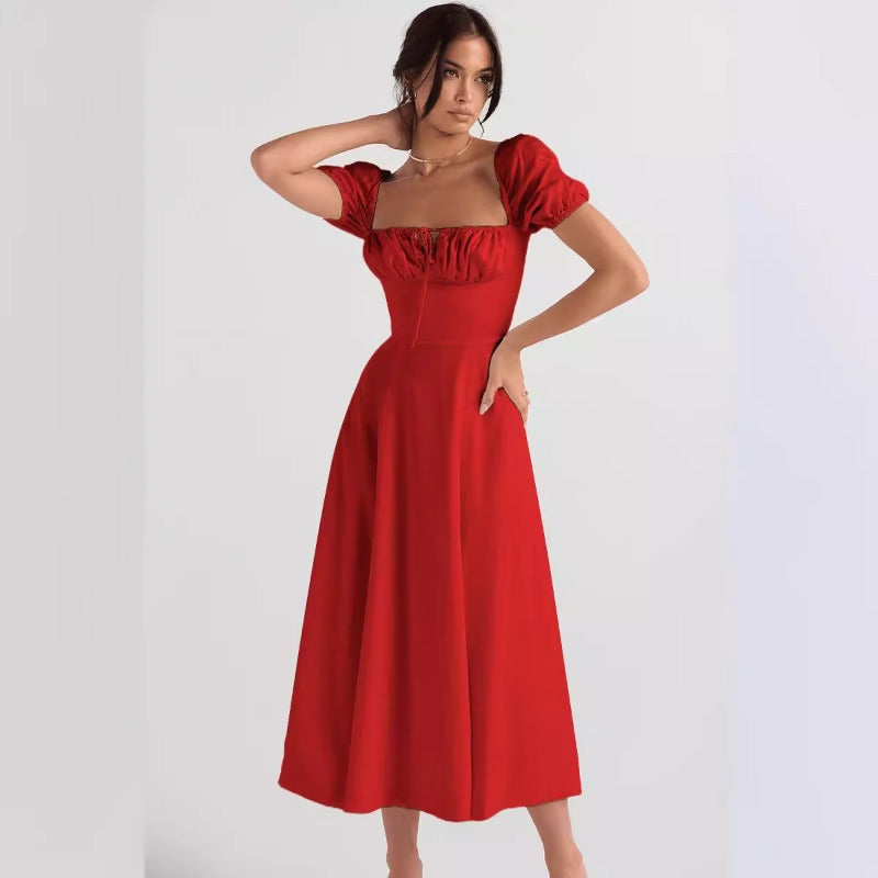 Women's high-waisted summer dress - european & american style - amazon fashion - slimming, elegant, bubble sleeve, tie-waist short sleeve dress