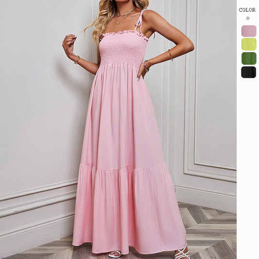 Women's dress - original photography, european & american style, spring/summer sexy strappy bandeau vacation beach maxi dress with flowy skirt