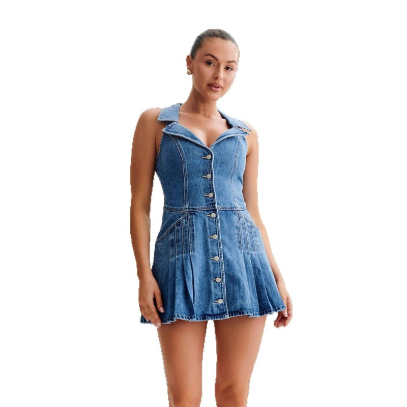 Women's dress: european and american style sexy hot girl halter a-line denim dress - cross-border women's apparel, turn-down collar, sleeveless, high-waisted skirt